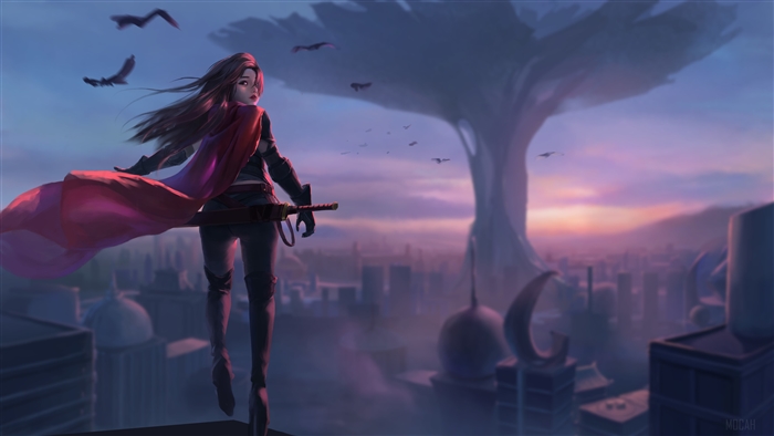 Anime Original Character with Red Cape at Sunset 4K