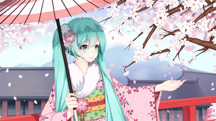 Hatsune Miku in Kimono under Sakura Tree 4K