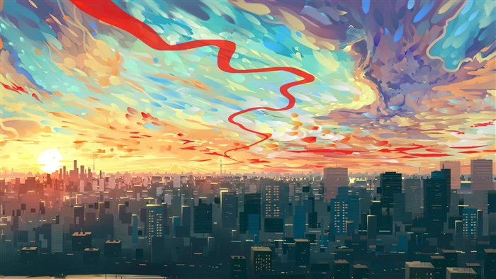 Cityscape with a vibrant, abstract sky and red ribbon