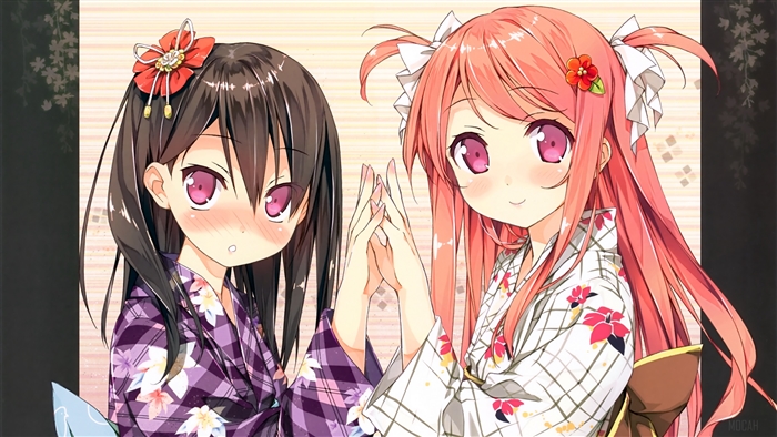 Two cute girls in kimonos touching hands