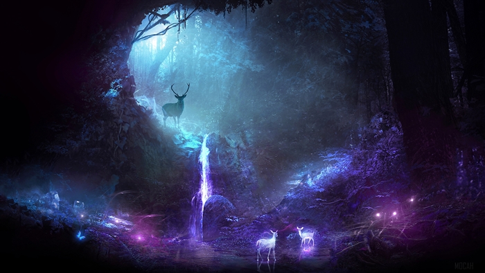 Deer in a magical glowing forest cave with waterfall