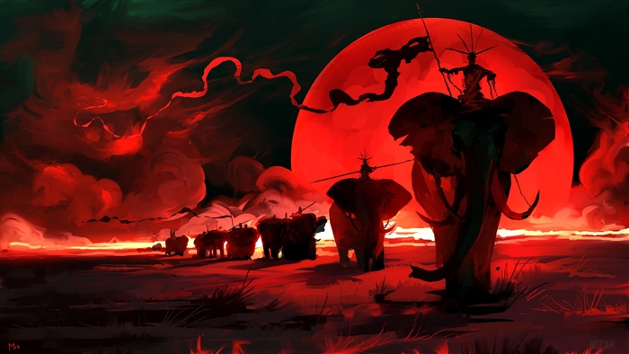 Elephants and riders under a red moon