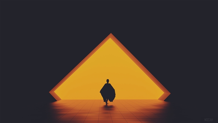 Silhouette walking towards a glowing pyramid