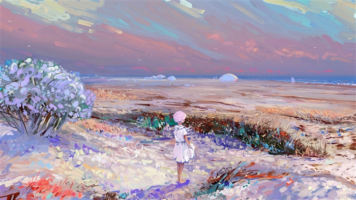Girl on a beach at sunset 4K