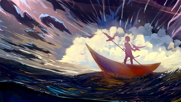 Silhouette of a child in a boat with birds during a storm 4K