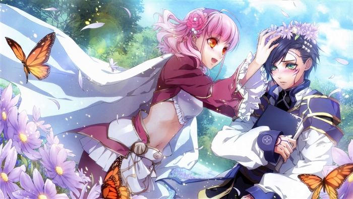 Anime Boy and Girl with Flowers and Butterflies 4K