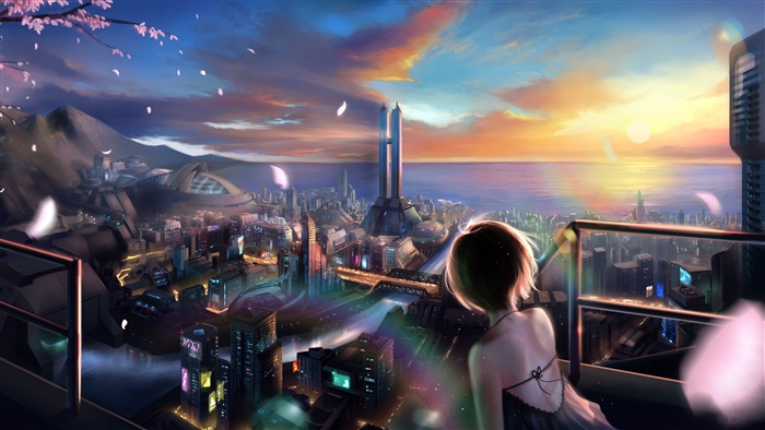 Anime girl with short hair overlooking futuristic city at sunset 4K