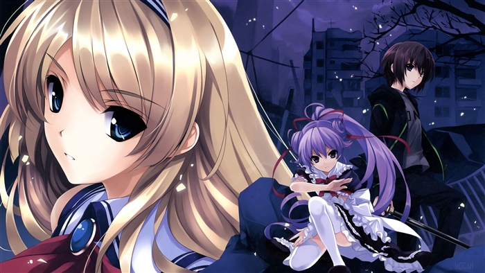 Anime girls in a dark, ruined city at night