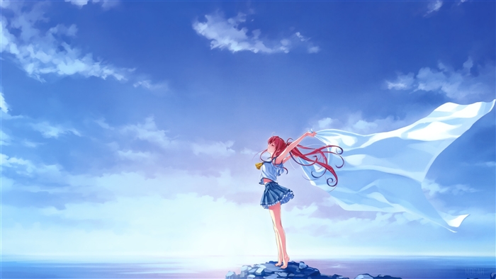 Girl with Pure White Wings Under Deep Blue Sky 4k