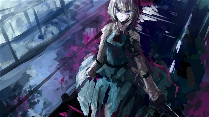 Anime Girl with White Hair in Blue Dress 4K