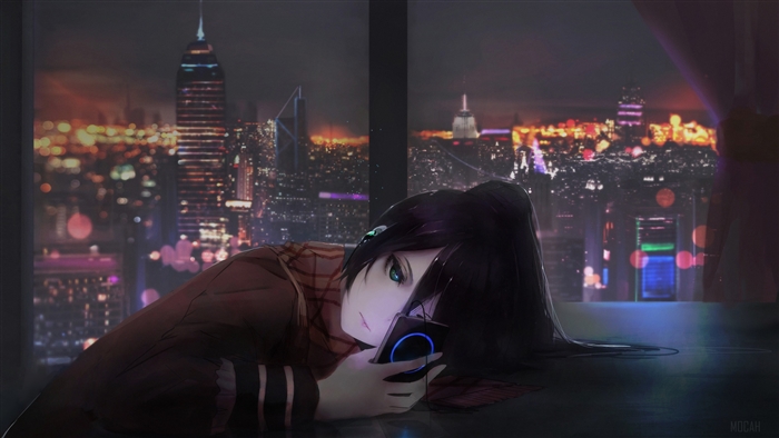 Anime girl with headphones listening to music on phone in city at night 4K