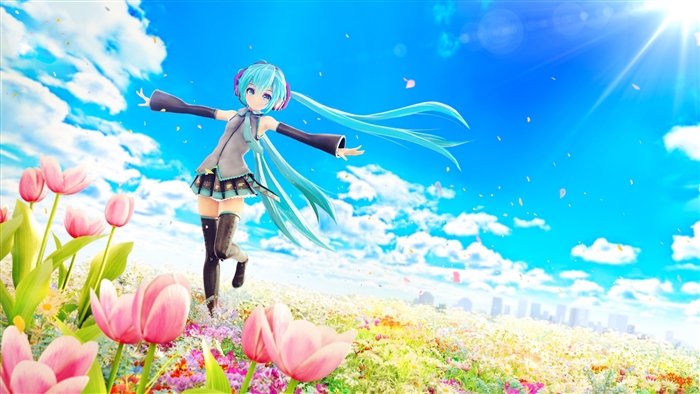 Hatsune Miku in a field of tulips