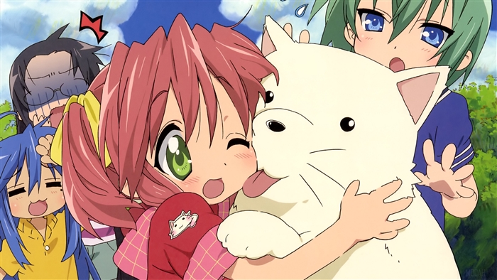 Lucky Star girls hugging a white animal