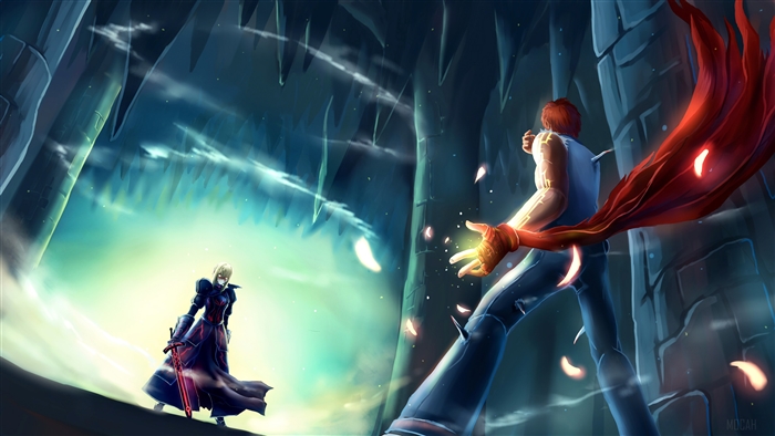 Saber from Fate/stay night fighting in a cave