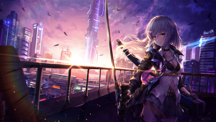 Anime girl with white hair and green eyes on a rooftop