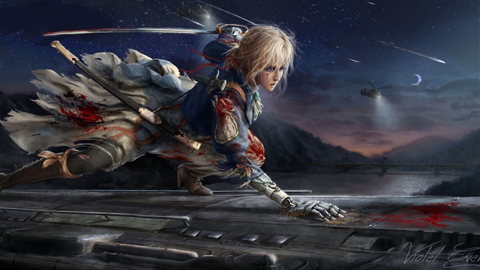 Violet Evergarden in battle at night