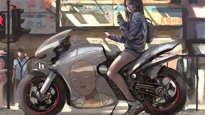 Anime girl on a motorcycle with Saitama art
