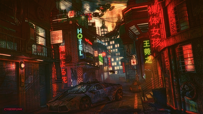 Cyberpunk City Street at Night with Lamborghini 4K