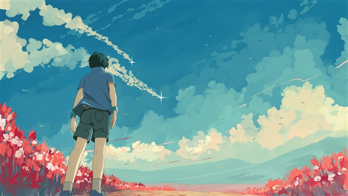 Boy looking at the sky with stars and clouds