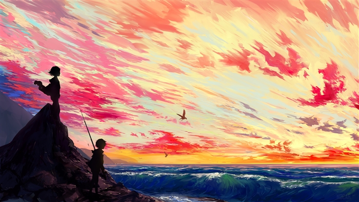 Two figures by the sea at sunset