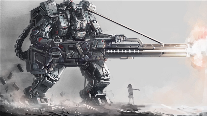 Giant robot firing a large gun with a girl shooting a pistol