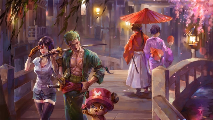 One Piece characters in traditional Japanese setting 4K