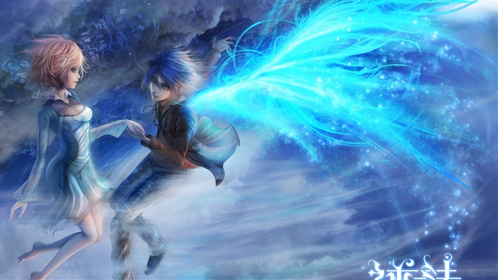 Girl and boy with blue wings in the sky