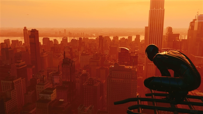 Spider-Man overlooking a city at sunset 4K