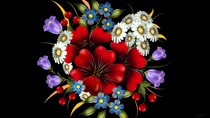 Floral bouquet with red, blue, and white flowers