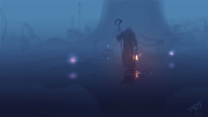 A wanderer with a lamp in a foggy landscape 4K