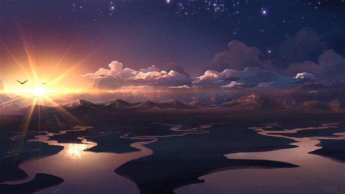 Sunrise over mountains and river with birds