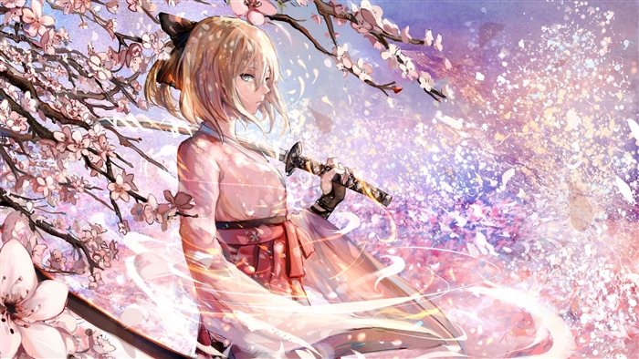 Anime Girl with Sword and Cherry Blossoms 4K