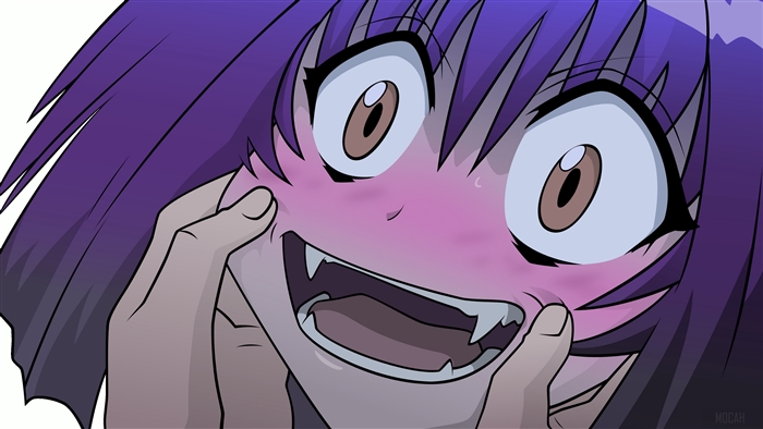Close-up of anime girl's face with sharp teeth