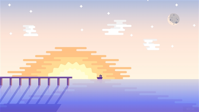Minimalist Sunset over the Ocean with a Boat and Pier 4K