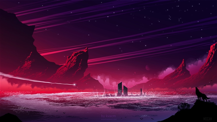 Wolf silhouette howling at the night sky over a rocky landscape