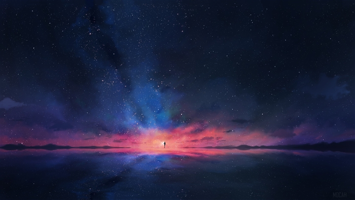 Person Standing Under Starry Sky with Colorful Clouds