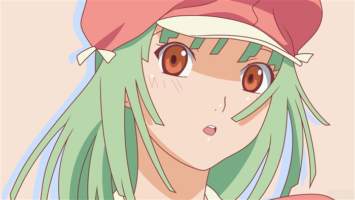 Girl in a pink hat with green hair, surprised expression 4K