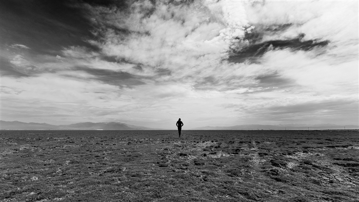 Man walking in a vast field under a cloudy sky