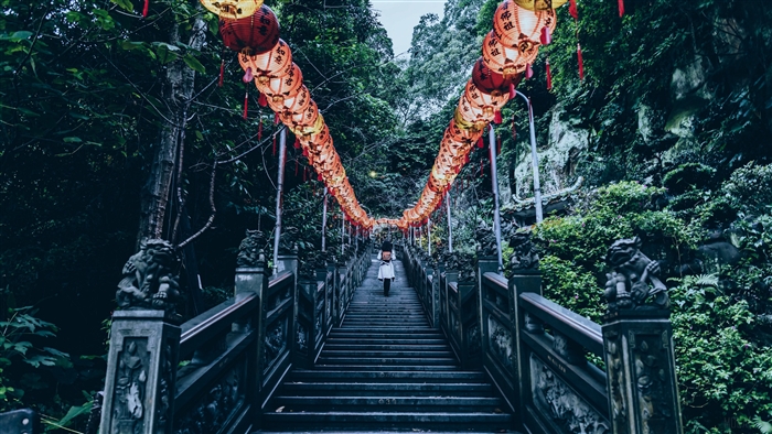 Person walking up stairs with Chinese lanterns