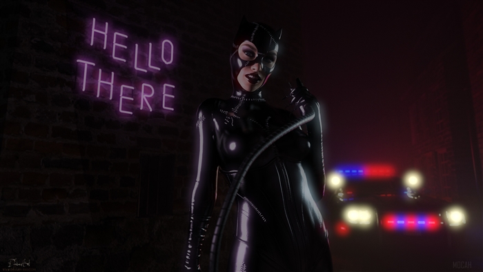 Catwoman with whip and police car, neon sign