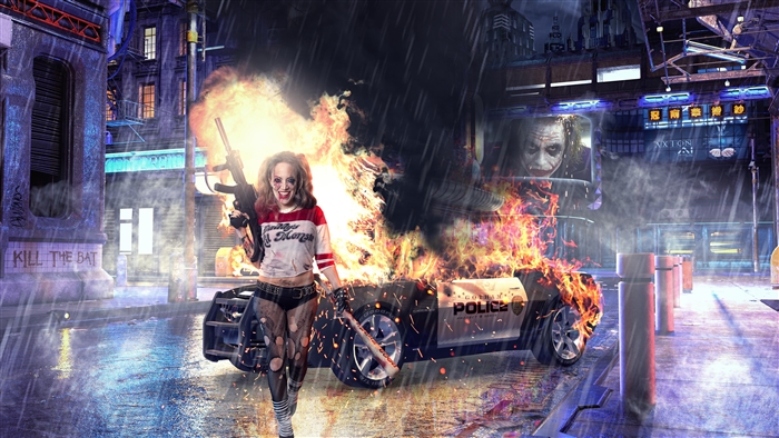 Harley Quinn in burning Gotham City 4K
