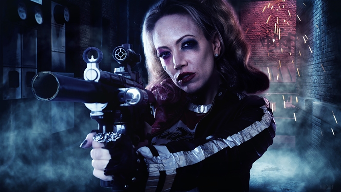 Harley Quinn with a rifle in a dark alley