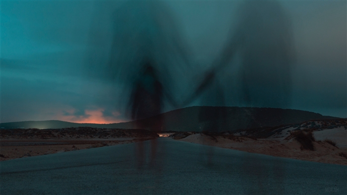 Silhouettes on a road at dusk