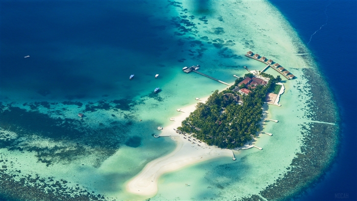 Aerial view of a tropical island resort with overwater bungalows