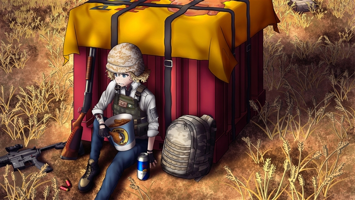 Anime Girl with PUBG Air Drop and Weapons
