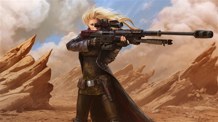 Woman with sniper rifle in desert landscape