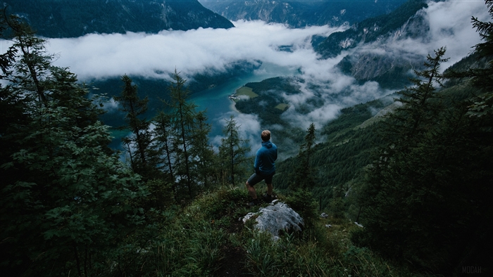 Man on mountain overlooking foggy lake 4K