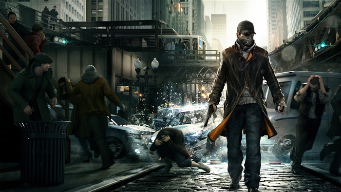 Aiden Pearce from Watch Dogs in a chaotic city street