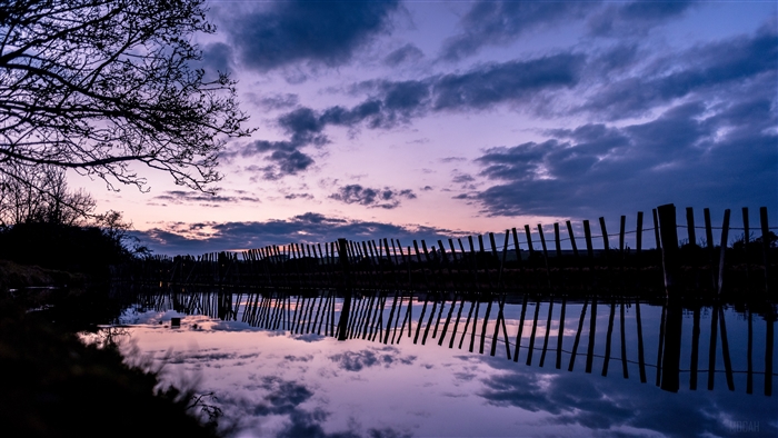 Fence reflection in river at evening 4K