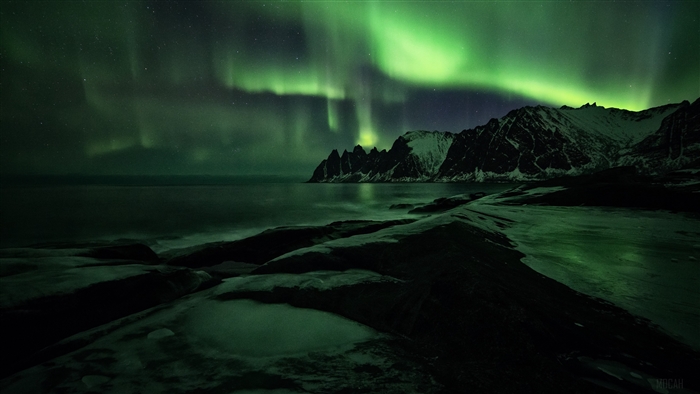Northern Lights over Snowy Mountains and Shore 4K